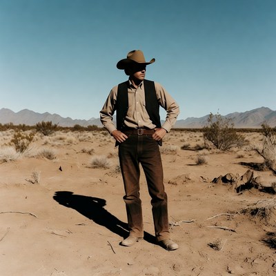 Cowboy standing in desert landscape