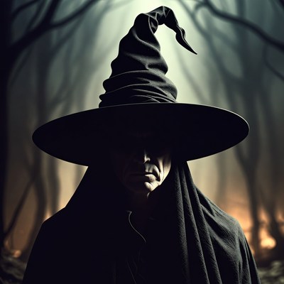 Man wearing witch hat in dark forest