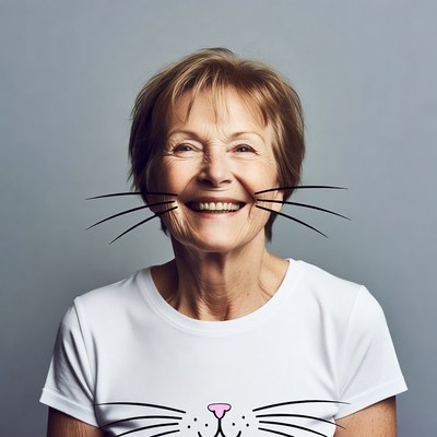 Elderly woman with cat whiskers