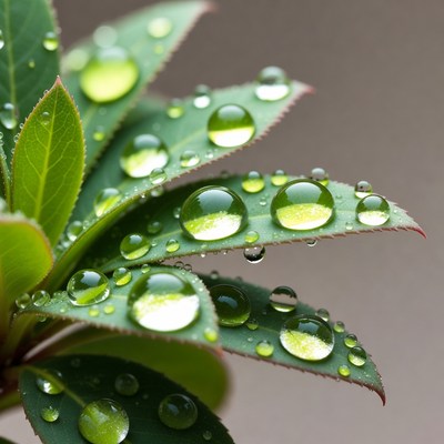 Green Leaves with Dew Drops