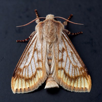 Brown and white moth on black background