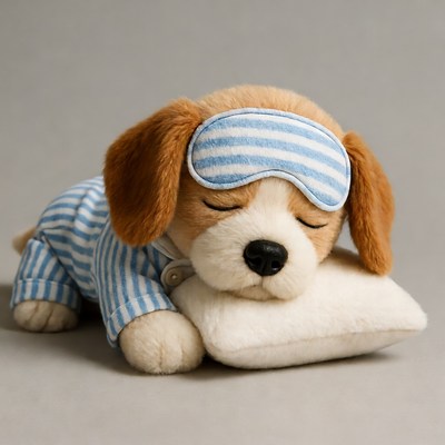 Puppy sleeping in pajamas with eye mask
