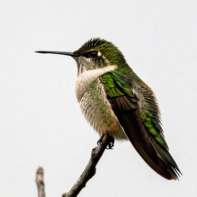 Green hummingbird perched on branch
