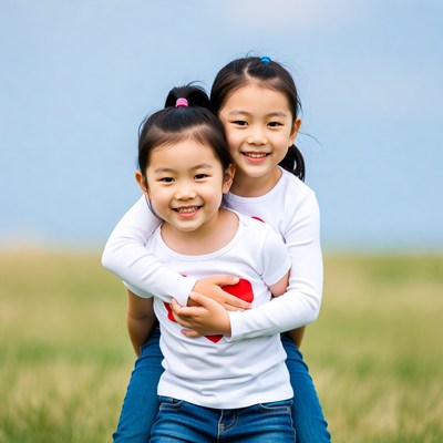 Asian girls hugging in field