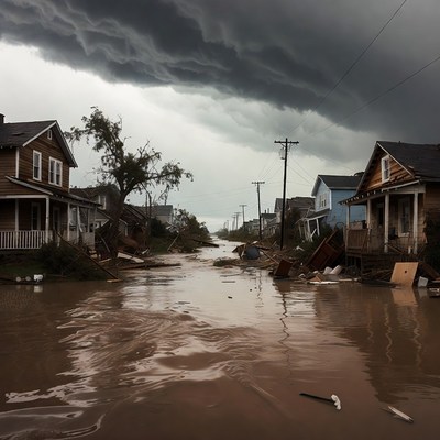 Flooded Street with Damaged Houses