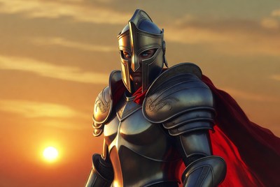 Knight in golden armor at sunset