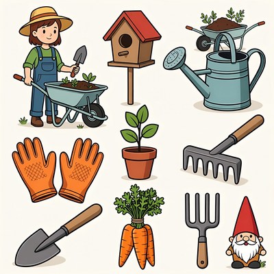 Girl Gardening with Tools Clipart