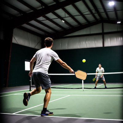 Two men playing pickleball indoors