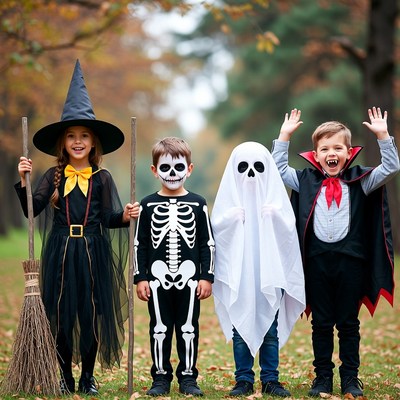 Kids in Halloween Costumes in Autumn Park