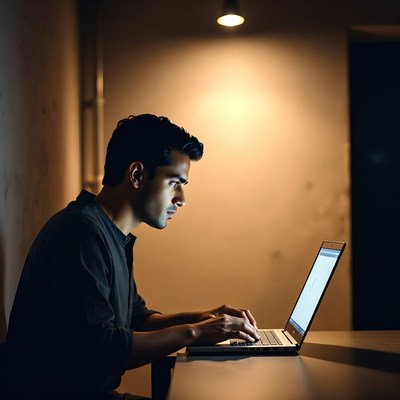 Man working on laptop at night