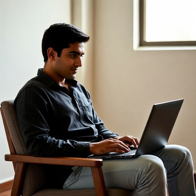 Indian man working on laptop