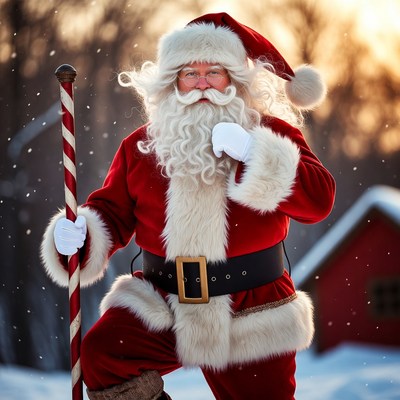 Santa Claus holding candy cane in snow