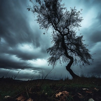Silhouette tree under stormy sky