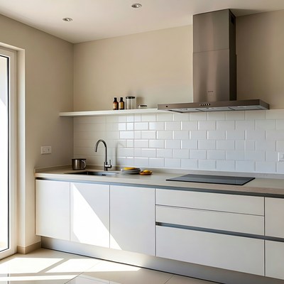Modern white kitchen with stainless hood
