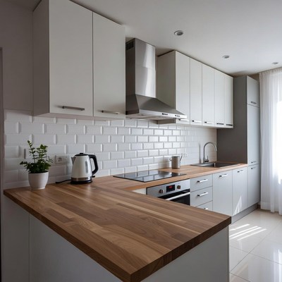 Modern white kitchen with wooden countertop