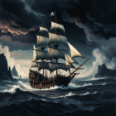 Pirate Ship Sailing Stormy Seas