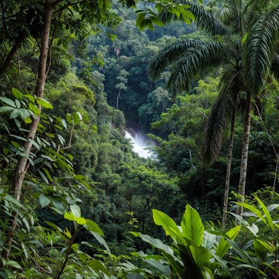 Waterfall in dense tropical rainforest