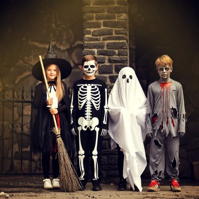 Four kids in Halloween costumes