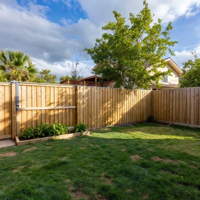 Wooden Fence in Backyard with Palm Tree