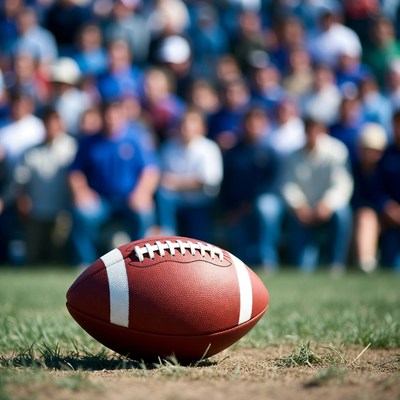 Football on grass with stadium crowd