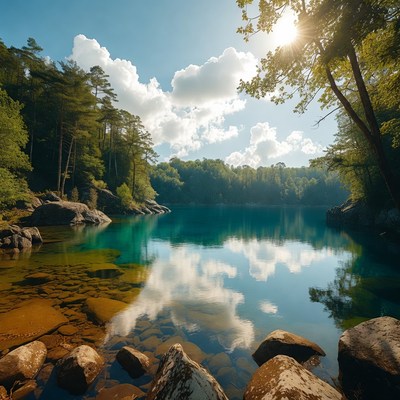 Turquoise Lake in Forest with Sunlight