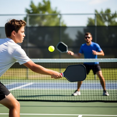 Boy and man playing pickleball