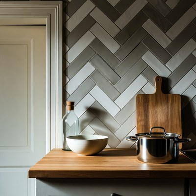 Kitchen counter with herringbone tiles