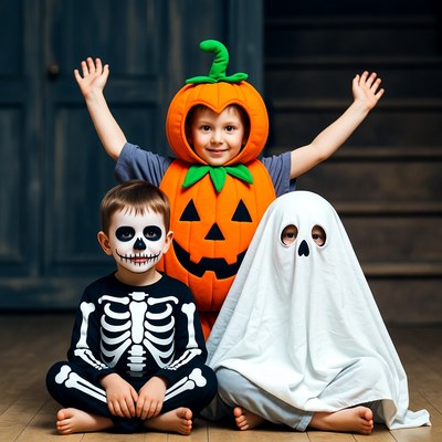 Boys in pumpkin skeleton ghost costumes