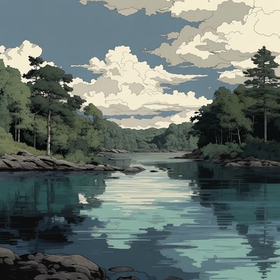 Serene Forest Lake with Clouds