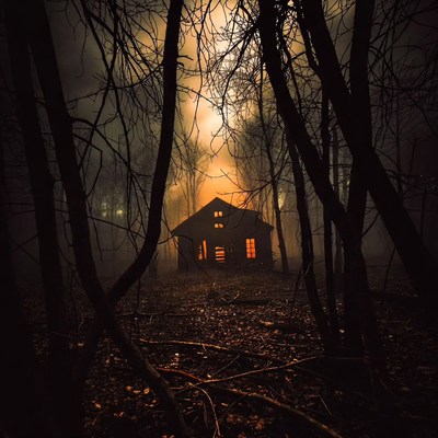 Spooky Cabin in Foggy Forest
