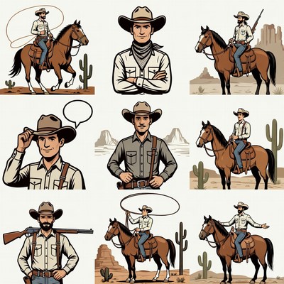 Cowboy riding horse illustrations