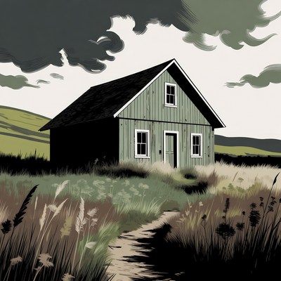 Green Cabin in Grassy Field