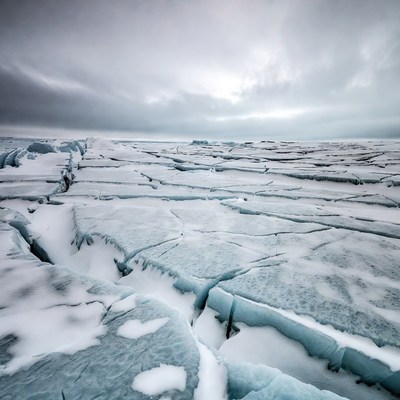 Iceberg field under cloudy sky