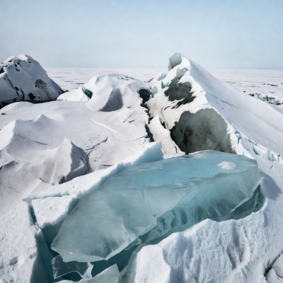 Icebergs on snowy arctic landscape