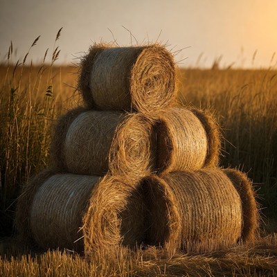 Hay Bales Stacked in Wheat Field