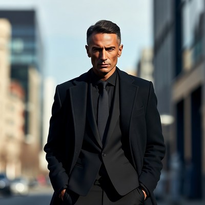 Man in black suit on city street