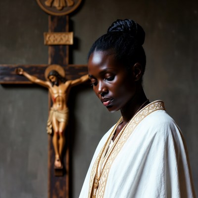 African woman praying before crucifix