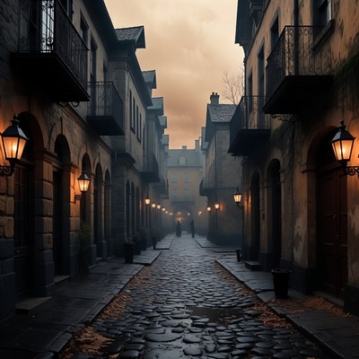 Foggy Cobblestone Alley with Distant Figure