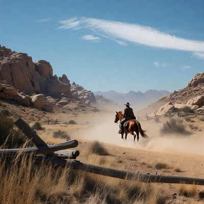 Cowboy riding horse in desert