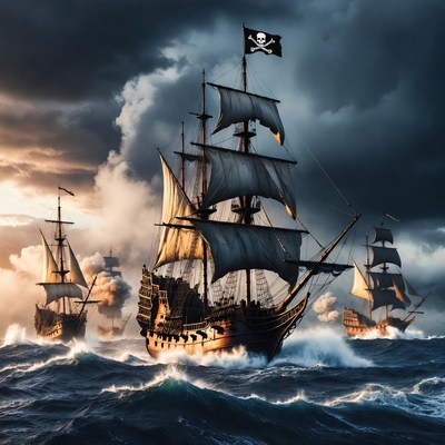 Pirate Ships Sailing Stormy Ocean
