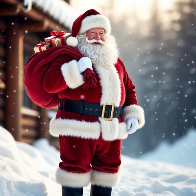 Santa Claus with gift sack in snow