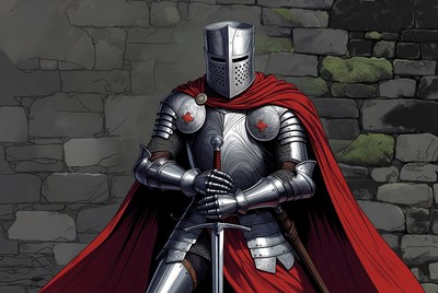 Knight in Silver Armor with Red Cape