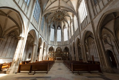 Gothic Cathedral Interior with Stained Glass