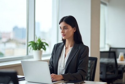 Woman working on laptop in office