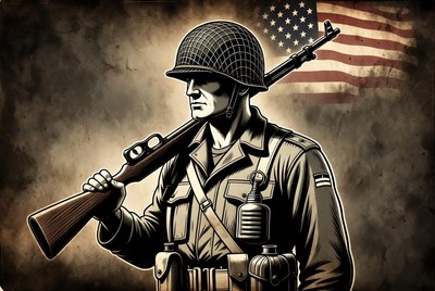 US Soldier Holding Rifle with Flag