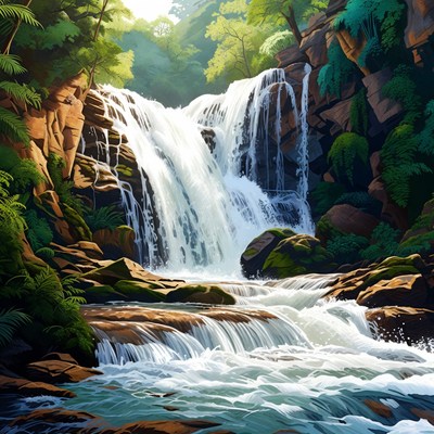 Majestic Waterfall in Lush Tropical Forest