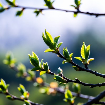 Fresh green spring leaves on branches
