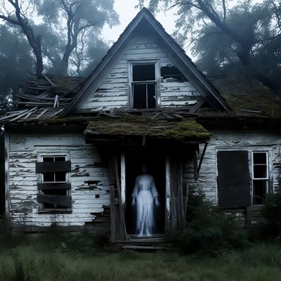 Ghostly woman in haunted house doorway