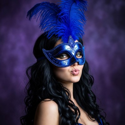 Woman in Blue Feather Masquerade Mask