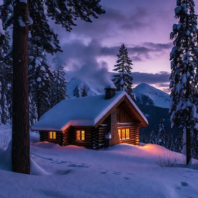 Cozy Log Cabin in Snowy Mountains